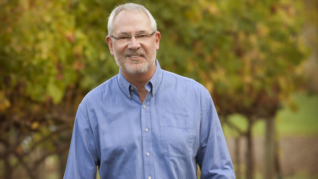 David Ramey steht vor Reben in seinem Weinberg in Kalifornien