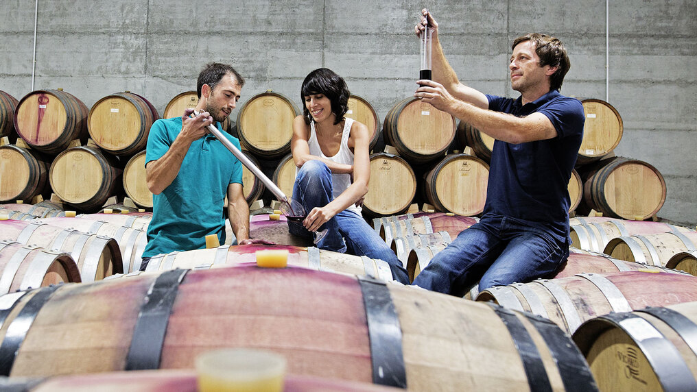 Rita Marques und zwei Mitarbeiter entnehmen Fassproben im Weinkeller von Conceito Wines