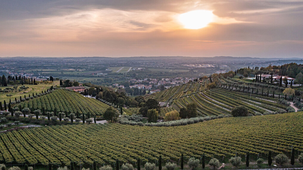 Abendstimmung auf dem Weingut Roccolo Callisto mit umliegenden Weinbergen