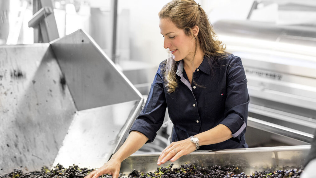 Winemaker Bibiana Gonzáles Raves at the sorting belt in her winery.