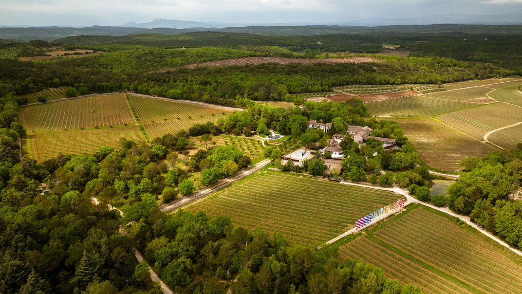 Aerial view of the winery and surrounding vineyards.